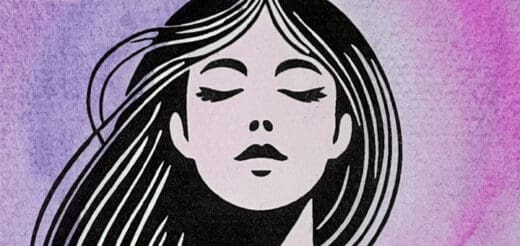 Illustration of a woman with eyes closed on a purple background