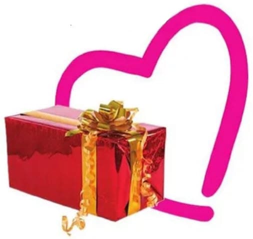 Red gift box with a gold ribbon and a pink heart outline