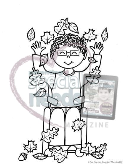 A child in a wheelchair with arms raised smiles amidst falling autumn leaves.