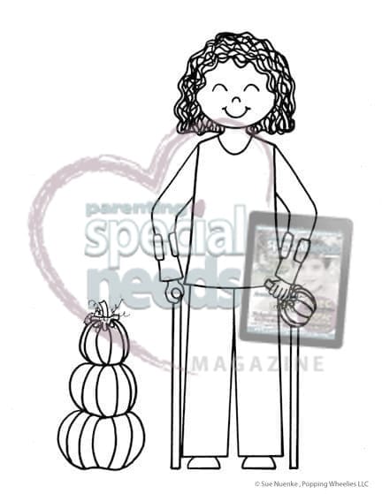 Illustration of a smiling person using a cane and holding a tablet and a pumpkin.