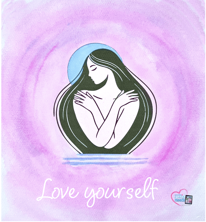 Woman embracing herself with long dark hair against a pink watercolor background.