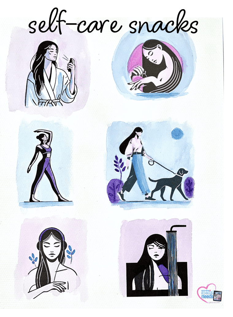 Six watercolor illustrations depict self-care activities: spraying perfume, drinking tea, exercising, walking a dog, listening to music, and showering.