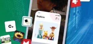 Phone screen displaying "Explore" with images of Elsa, Winnie the Pooh, and Woody.