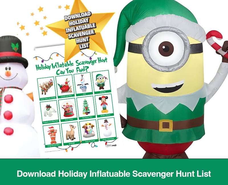 Holiday inflatable scavenger hunt list with a Minion and snowman.