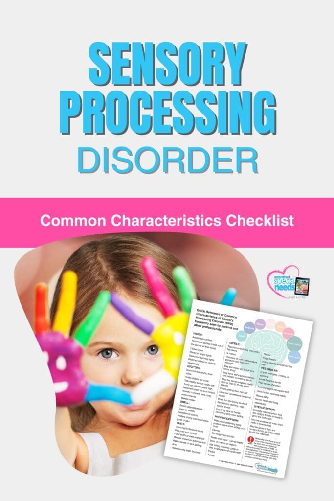 Checklist for sensory processing disorder common characteristics with a young child showing colorful handprints.