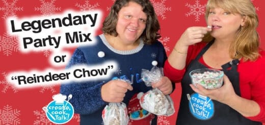 Two women hold bags of reindeer chow with text overlay "Legendary Party Mix or 'Reindeer Chow'".