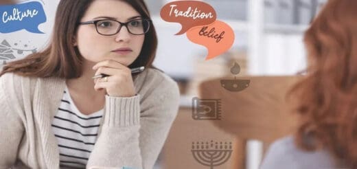 Woman in glasses with thought bubbles about culture, tradition, and belief