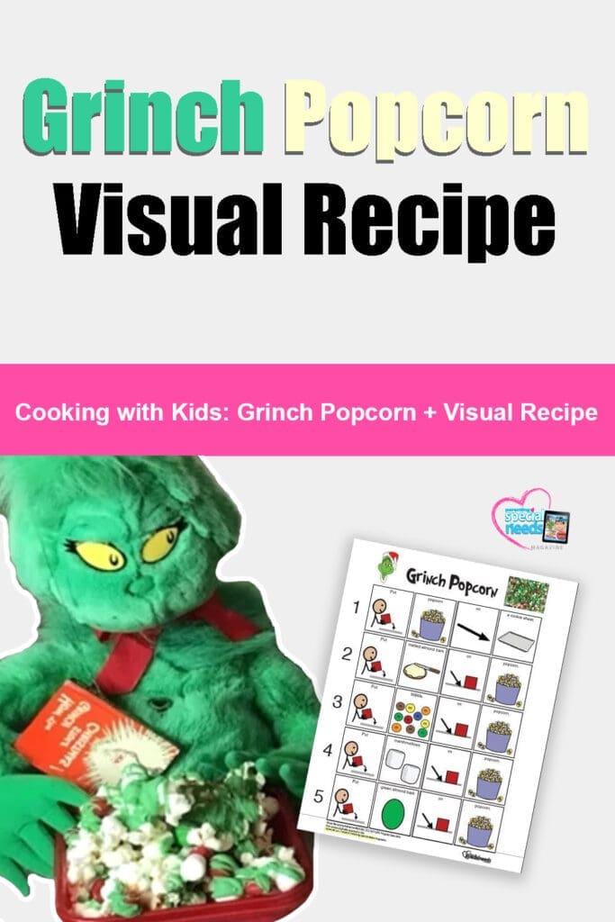 Grinch Popcorn Visual Recipe with The Grinch character and a recipe card