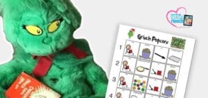 Grinch plush holding a book next to a visual recipe for "Grinch Popcorn.