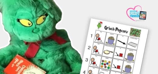 Grinch plush holding a book next to a visual recipe for "Grinch Popcorn.