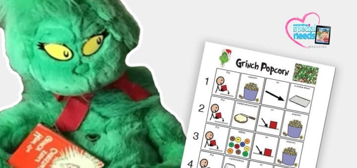 Grinch plush holding a book next to a visual recipe for "Grinch Popcorn.