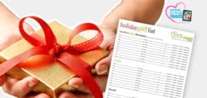 Hands holding a holiday gift next to a holiday gift list.