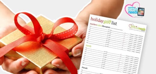 Hands holding a holiday gift next to a holiday gift list.