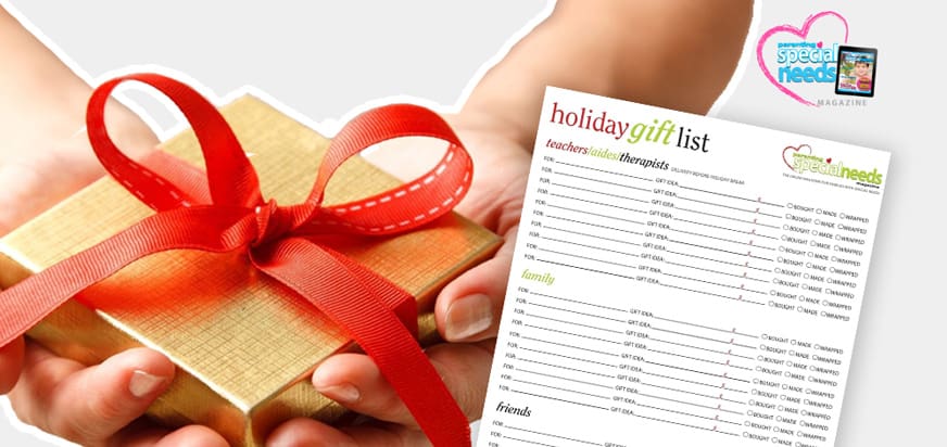 Hands holding a holiday gift next to a holiday gift list.