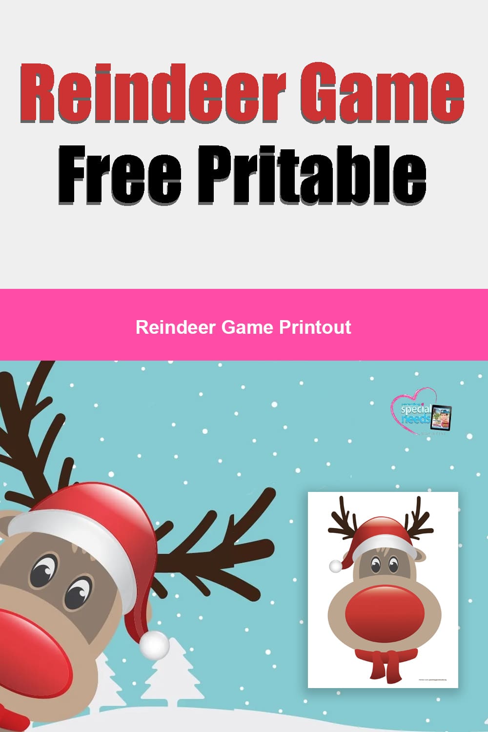 Reindeer game free printable title with a cartoon reindeer illustration on a snowy background.