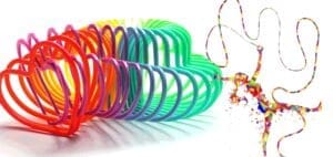 Rainbow slinky toy with a colorful ribbon dancer figurine.