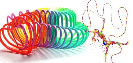 Rainbow slinky toy with a colorful ribbon dancer figurine.