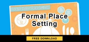 Formal dinner place setting illustration with text and download button.