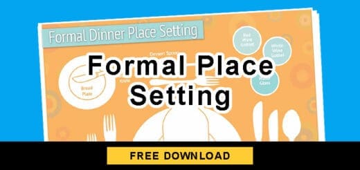 Formal dinner place setting illustration with text and download button.