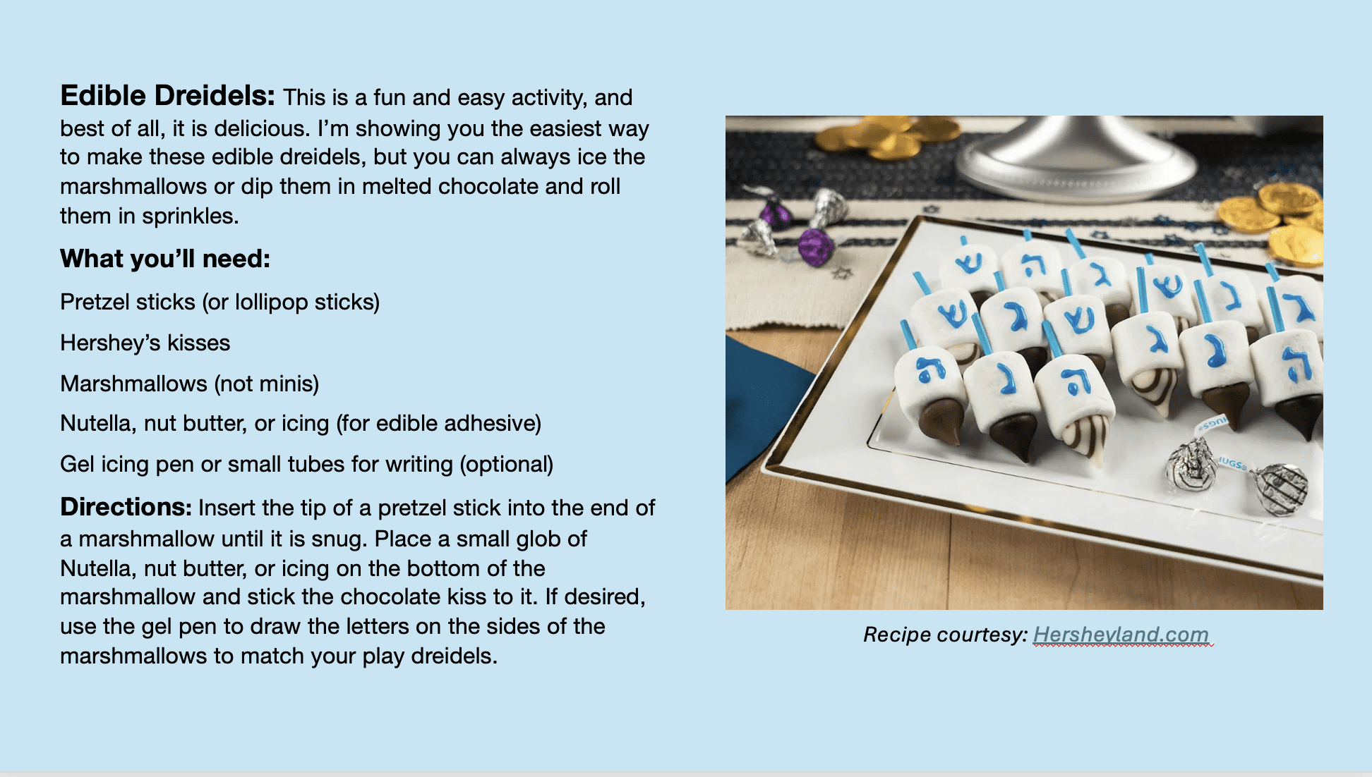 Edible dreidels made with marshmallows, pretzel sticks, and Hebrew letters.