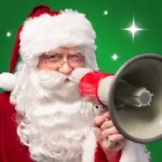 Santa Claus holding a megaphone against a green, sparkling background.
