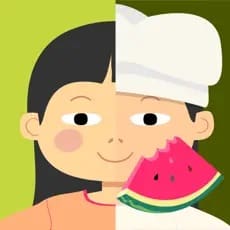 Illustration of a child wearing a chef's hat and holding a slice of watermelon.