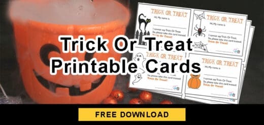 Trick or Treat printable cards with a Halloween pumpkin bucket