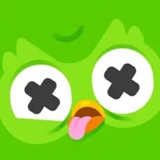Duolingo owl character with eyes crossed and tongue out.