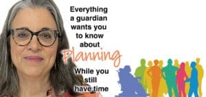 Woman with glasses and text about planning next to a group of colorful people silhouettes.