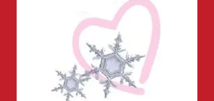 Two snowflakes overlap in front of a pink heart outline.