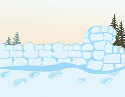 A snow wall with footprints in the snow and evergreen trees in the background.