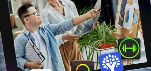 Man with Down syndrome and a woman review app icons on a tablet.