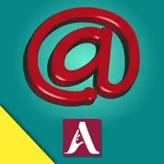 Red @ symbol above a square logo with a stylized A