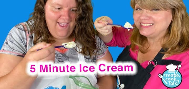 Two women smile while holding spoons with ice cream.
