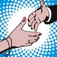 Two hands reaching towards each other against a blue polka dot background.