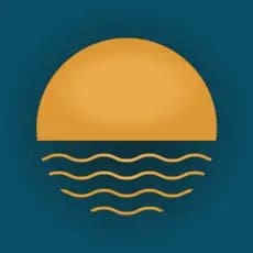Sunrise over ocean waves on a teal background.