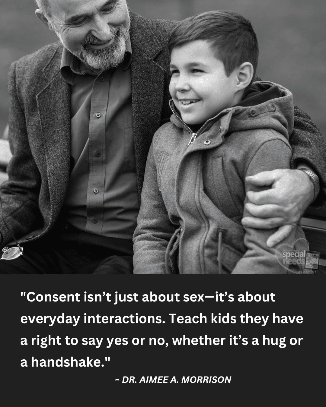 A man with his arm around a smiling boy.