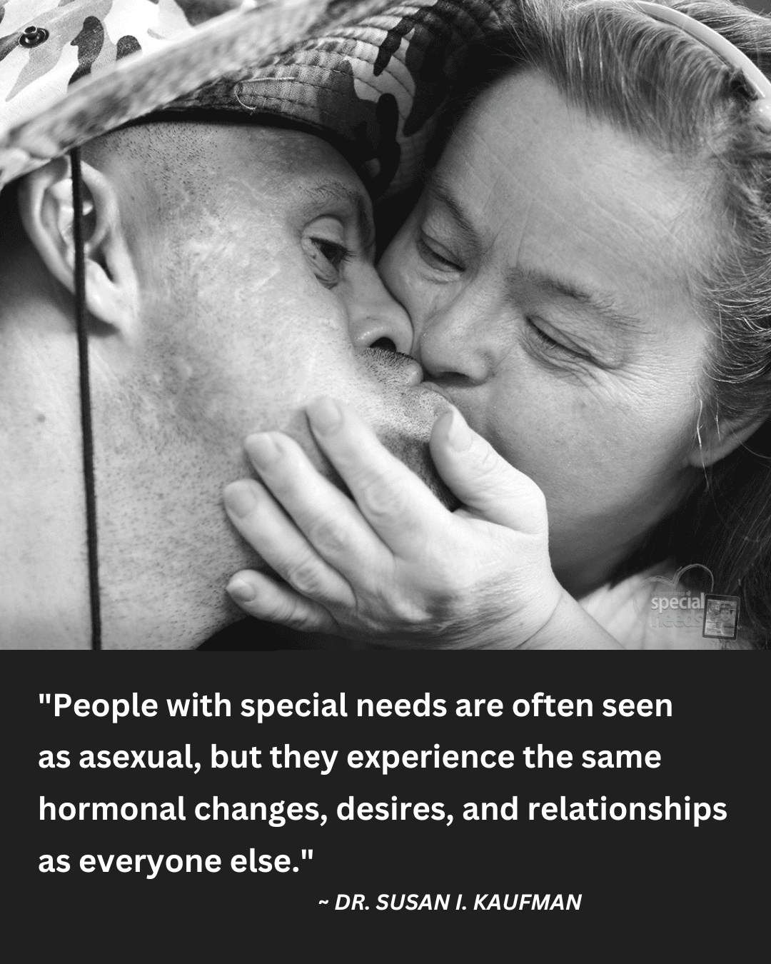Black and white photo of a couple kissing, with text overlay.