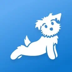 White cartoon dog performing a yoga pose against a blue background.
