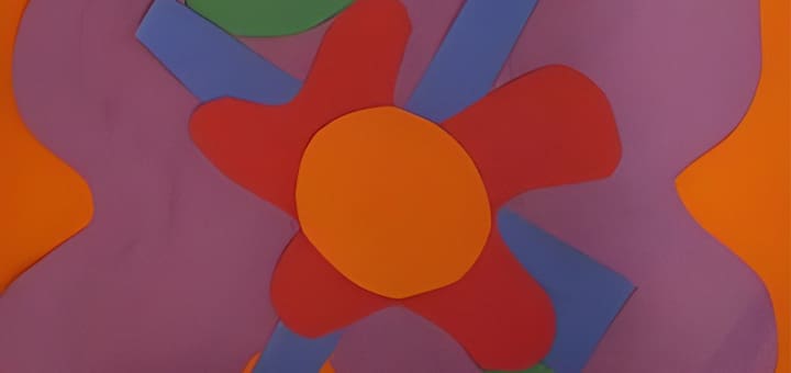 Abstract cutout flower with orange center on purple background