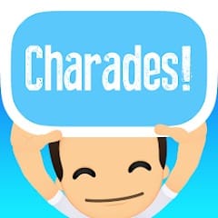 Charades game app icon with a smiling cartoon face holding a blue sign that says "charades!