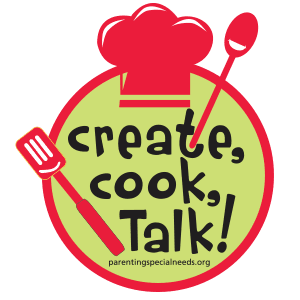 Create, Cook, Talk! logo with cooking utensils and website address