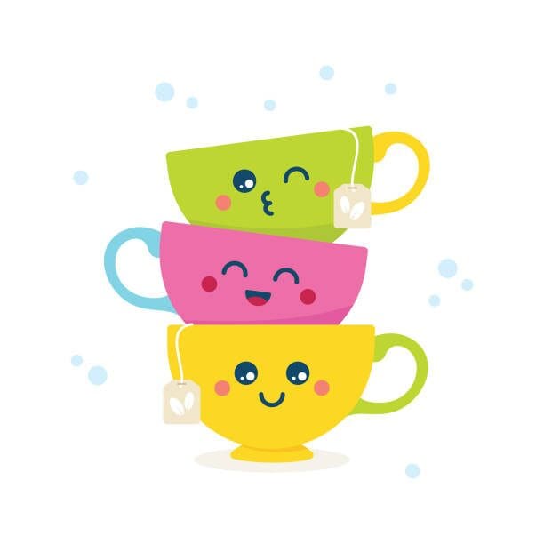 Stack of three colorful cups with smiling faces and tea bags.