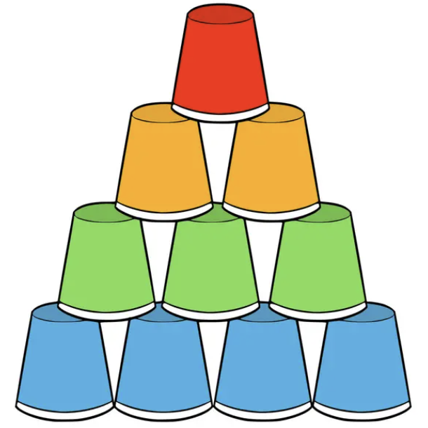 Ten colorful plastic cups stacked in a pyramid shape.