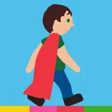 A boy with a red cape walks across colored blocks against a blue background.