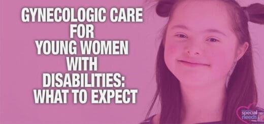 Young woman with Down syndrome smiling next to text about gynecologic care.