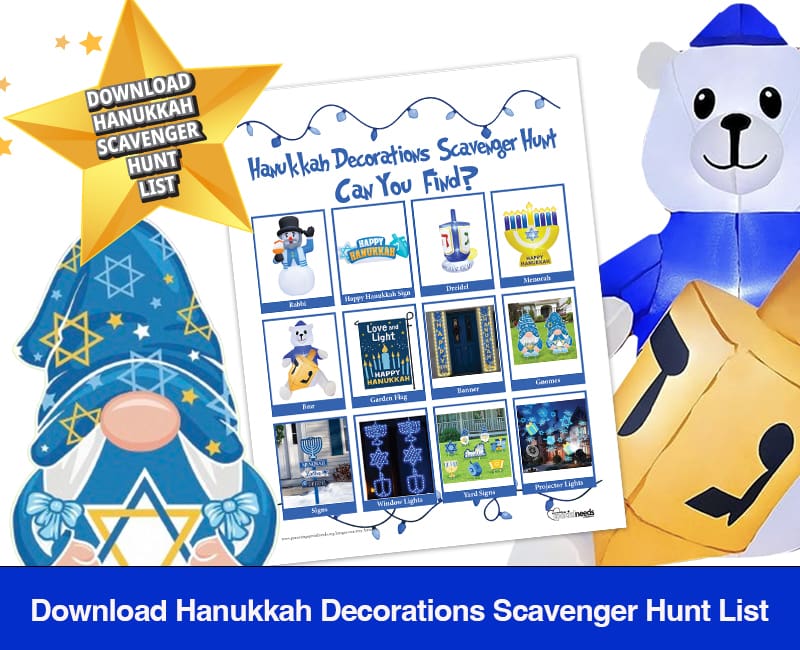 Hanukkah decorations scavenger hunt list with festive holiday characters.