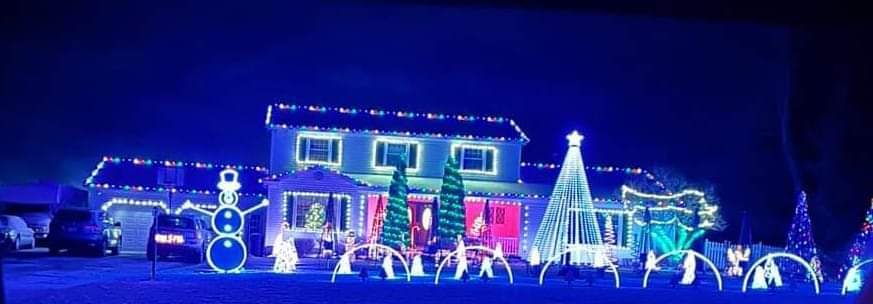 House decorated with a variety of blue and white Christmas lights including a snowman and reindeer display.