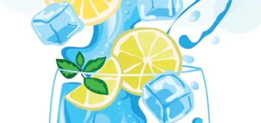 Lemon slices and ice cubes splashing in a blue drink.