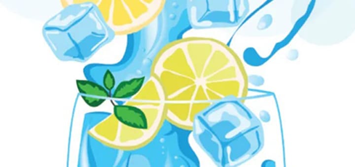 Lemon slices and ice cubes splashing in a blue drink.